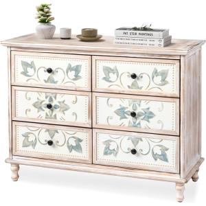 imageVINGLI Dresser for Bedroom Washed White 6 Drawer Dresser with Carved Flower Pattern Dressers ampamp Chests of Drawers with Solid Wood Legs Boho Dresser Wood Dresser TV Stand