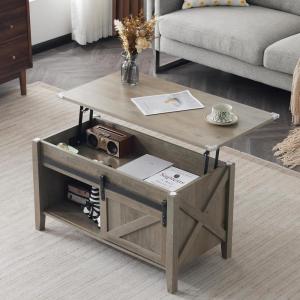 imageVINGLI Farmhouse Lift Top Coffee Table Rustic Grey with Storage ShelfHidden Compartment Mesa De Centro para SalaGrey