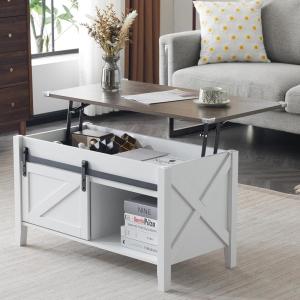 imageVINGLI Farmhouse Lift Top Coffee Table Rustic Grey with Storage ShelfHidden Compartment Mesa De Centro para SalaWhite Oak