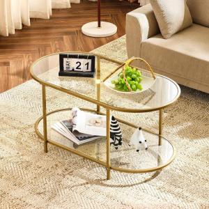imageVINGLI Glass Coffee Table30quot Round Coffee Table Black Coffee Tables for Living Room 2Tier Clear Glass Top Side Table with Storage Simple ampamp Modern Center Table Mesa de Centro para SalaClearoval Gold