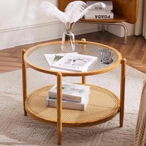 imageVINGLI Glass Coffee Table30quot Round Coffee Table Black Coffee Tables for Living Room 2Tier Clear Glass Top Side Table with Storage Simple ampamp Modern Center Table Mesa de Centro para SalaWaterwaveround Rattan Walnut