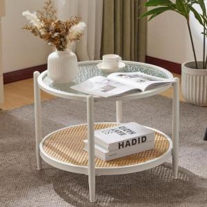 imageVINGLI Glass Coffee Table30quot Round Coffee Table Black Coffee Tables for Living Room 2Tier Clear Glass Top Side Table with Storage Simple ampamp Modern Center Table Mesa de Centro para SalaWaterwaveround Rattan White
