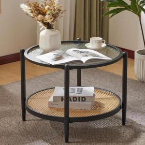 imageVINGLI Glass Coffee Table30quot Round Coffee Table Black Coffee Tables for Living Room 2Tier Clear Glass Top Side Table with Storage Simple ampamp Modern Center Table Mesa de Centro para SalaWaterwaveround Rattan Black