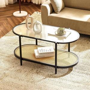 imageVINGLI Glass Coffee Table30quot Round Coffee Table Black Coffee Tables for Living Room 2Tier Clear Glass Top Side Table with Storage Simple ampamp Modern Center Table Mesa de Centro para SalaGlassoval Rattan Black