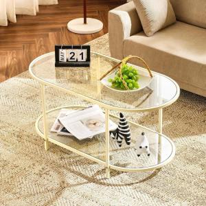 imageVINGLI Glass Coffee Table30quot Round Coffee Table Black Coffee Tables for Living Room 2Tier Clear Glass Top Side Table with Storage Simple ampamp Modern Center Table Mesa de Centro para SalaClearoval Beige