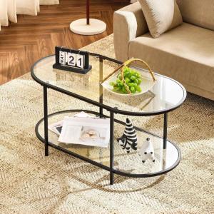 imageVINGLI Glass Coffee Table30quot Round Coffee Table Black Coffee Tables for Living Room 2Tier Clear Glass Top Side Table with Storage Simple ampamp Modern Center Table Mesa de Centro para SalaClearoval Black