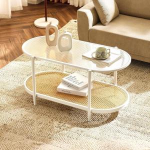 imageVINGLI Glass Coffee Table30quot Round Coffee Table Black Coffee Tables for Living Room 2Tier Clear Glass Top Side Table with Storage Simple ampamp Modern Center Table Mesa de Centro para SalaGlassoval Rattan White