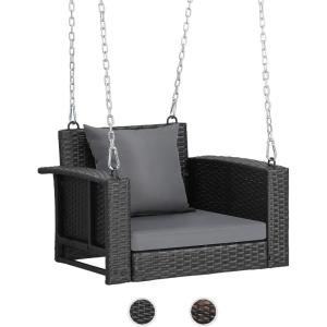 imageVINGLI Heavy Duty 800 LBS Wicker Hanging Porch Swing with Cushions ampamp Chains 4FT Outdoor Rattan Swing Bench for Garden Yard Lawn BlackBlueBlack