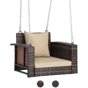 imageVINGLI Heavy Duty 800 LBS Wicker Hanging Porch Swing with Cushions ampamp Chains 4FT Outdoor Rattan Swing Bench for Garden Yard Lawn BlackBlueBrown