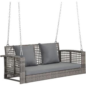 imageVINGLI Heavy Duty 800 LBS Wicker Hanging Porch Swing with Cushions ampamp Chains 4FT Outdoor Rattan Swing Bench for Garden Yard Lawn BlackBlueLight Grey