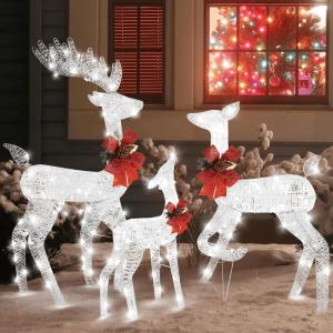 imageVINGLI Lighted Christmas Reindeer Family Set Outdoor Decorations Prelit 270 LED Lights Weather Proof Gold Deer Family Set of 3 Indoor Home Outdoor Yard DecorWhite Deer Set