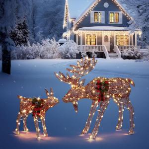 imageVINGLI Lighted Christmas Reindeer Family Set Outdoor Decorations Prelit 270 LED Lights Weather Proof Gold Deer Family Set of 3 Indoor Home Outdoor Yard Decor2 PCS SetBrown Moose Family