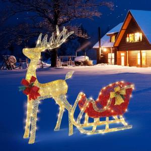 imageVINGLI Lighted Christmas Reindeer Family Set Outdoor Decorations Prelit 270 LED Lights Weather Proof Gold Deer Family Set of 3 Indoor Home Outdoor Yard DecorGold Sleigh Set