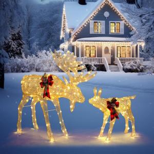 imageVINGLI Lighted Christmas Reindeer Family Set Outdoor Decorations Prelit 270 LED Lights Weather Proof Gold Deer Family Set of 3 Indoor Home Outdoor Yard Decor2 PCS SetGolden Moose Family