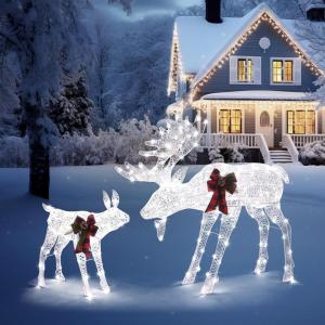 imageVINGLI Lighted Christmas Reindeer Family Set Outdoor Decorations Prelit 270 LED Lights Weather Proof Gold Deer Family Set of 3 Indoor Home Outdoor Yard Decor2 PCS SetWhite Moose Family