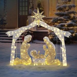 imageVINGLI Lighted Outdoor Nativity Scene 6ft Nativity Sets for Christmas Christmas Holy Family Yard Decoration w 190 LED Lights Stakes Zip TiesSilver