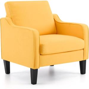 imageVINGLI Mid Century Modern Fabric Accent ChairBeige for Living Room Upholstered Armchair with Scooped Arms for BedroomApartmentStudioOfficeWaiting RoomBeigeYellow Linen