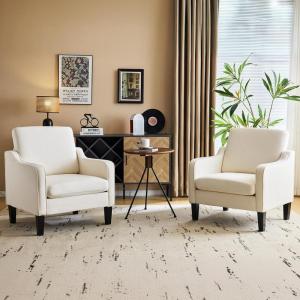 imageVINGLI Mid Century Modern Fabric Accent ChairBeige for Living Room Upholstered Armchair with Scooped Arms for BedroomApartmentStudioOfficeWaiting RoomBeigeBeige Linen