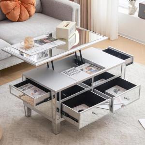 imageVINGLI Mirrored Lift Top Coffee Table Assembled Modern Coffee Table with Drawers for Living Room Silver 35 x 19 x 18