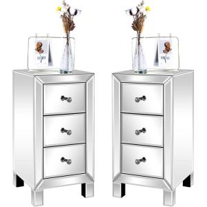 imageVINGLI Mirrored Nightstand with 3Drawers Silver Side End Table Set of 2 Mirrored Furniture for Small Space Bedroom Living Room2 Pack