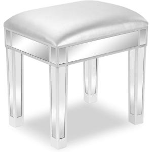 imageVINGLI Mirrored Vanity Stool with Storage Upholstered Velvet Ottoman Makeup Dressing Table Bench with Sparking Diamonds SilverLeather Vanity Stool