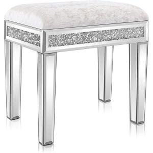 imageVINGLI Mirrored Vanity Stool with Storage Upholstered Velvet Ottoman Makeup Dressing Table Bench with Sparking Diamonds SilverVelvet Vanity Stool