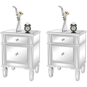 imageVINGLI Modern Nightstand Mirrored Bedside Table with 1 Drawer and 1 Cabinet Door for Bedroom Silver2 Pack