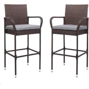 imageVINGLI Outdoor Bar Stools Set of 2 with Cushions Wicker Bar Stools Patio Bar Chairs Bar Height Patio Set for Garden Pool Lawn Backyard