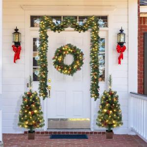 imageVINGLI Prelit Christmas Tree 5Piece Set with LED Lights Christmas Garlands Wreath and Set of 2 Entrance Trees Artificial Christmas Porch Decorations Indoor Outdoor Lighted Decor
