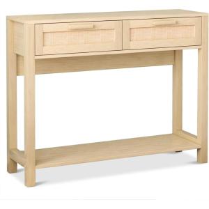 imageVINGLI Rattan Console Table Boho Sofa Table with 2 Drawers and Open Storage Shelf Oak 39W x 12D x 31H