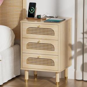 imageVINGLI Rattan Nightstand Set of 2 with Charging Station 27quot Tall Black Nightstand with 3 Drawers for Bedroom Boho Mid Century Modern Bed Side TableEnd Table Black 2 PackOak