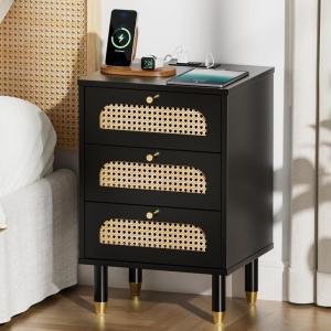 imageVINGLI Rattan Nightstand Set of 2 with Charging Station 27quot Tall Black Nightstand with 3 Drawers for Bedroom Boho Mid Century Modern Bed Side TableEnd Table Black 2 PackBlack