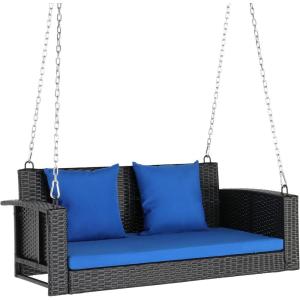 imageVINGLI Rattan Porch Swing Heavy Duty 800 LBS Outdoor Hanging Seat with Extra Cushion and Adjustable Chain The Porch Swing Seat Made by Wicker Suits for Garden Yard Lawn Black 4 FTBlack