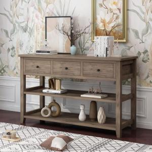 imageVINGLI Rustic Gray Console Table with 3 Drawers and 2 Shelves Wood Console Table for Entryway Farmhouse Console Table Sofa Table with Storage for Living Room 472quot W x 157quot D x 299quot H