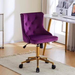 imageVINGLI Rustic Microfiber Armless Home Office Desk Chair with Gold BaseWheels Small Cute VanityMakeup Chair with Back for Bedroom Upholstered Adjustable Rolling Swivel Nail Chair for WomenGirlsDark Purple
