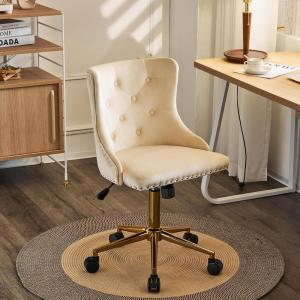 imageVINGLI Rustic Microfiber Armless Home Office Desk Chair with Gold BaseWheels Small Cute VanityMakeup Chair with Back for Bedroom Upholstered Adjustable Rolling Swivel Nail Chair for WomenGirlsBeige