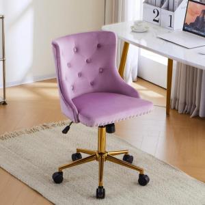 imageVINGLI Rustic Microfiber Armless Home Office Desk Chair with Gold BaseWheels Small Cute VanityMakeup Chair with Back for Bedroom Upholstered Adjustable Rolling Swivel Nail Chair for WomenGirlsMauve Purple