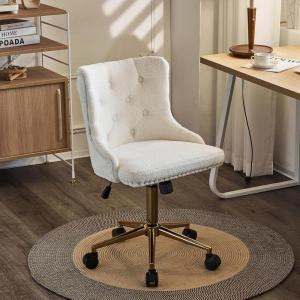 imageVINGLI Rustic Microfiber Armless Home Office Desk Chair with Gold BaseWheels Small Cute VanityMakeup Chair with Back for Bedroom Upholstered Adjustable Rolling Swivel Nail Chair for WomenGirlsWhiteteddy Fleece