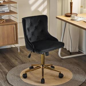 imageVINGLI Rustic Microfiber Armless Home Office Desk Chair with Gold BaseWheels Small Cute VanityMakeup Chair with Back for Bedroom Upholstered Adjustable Rolling Swivel Nail Chair for WomenGirlsBlack