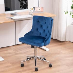 imageVINGLI Rustic Microfiber Armless Home Office Desk Chair with Gold BaseWheels Small Cute VanityMakeup Chair with Back for Bedroom Upholstered Adjustable Rolling Swivel Nail Chair for WomenGirlsBlue