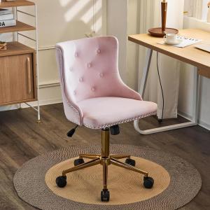 imageVINGLI Rustic Microfiber Armless Home Office Desk Chair with Gold BaseWheels Small Cute VanityMakeup Chair with Back for Bedroom Upholstered Adjustable Rolling Swivel Nail Chair for WomenGirlsLight Pink