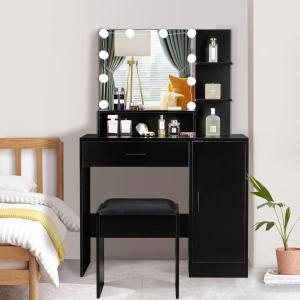 imageVINGLI Vanity Table Set with Lighted MirrorampampStoolWhite Makeup Vanity Set with 10 LED Lights in 3 Colors1 Drawer3 Storage Shelves and 1 Cabinet for WomenDressing Table Set for BedroomWhiteModern