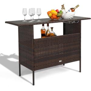 imageVINGLI Wicker Outdoor Bar Table with 2 Steel Shelves Sets of Rails Rattan Patio Storage for Backyard Poolside GardenBrown