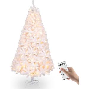 imageVINGLI 6ft White Prelit Artificial Christmas Pine Tree with 250 Warm White Lights Xmas Tree Holiday Party Decorations with Sturdy Metal Stand Full 900 Tips Branch 8 Color Modes