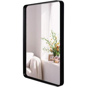 imageVINGLI Rectangle Wall Mirror 36quot24quot Rounded Rectangular Mirror Black Bathroom Mirror with Metal Frame Mid Century Modern Mirror Contemporary Mirror for Bedroom Entryway VerticallyHorizontally