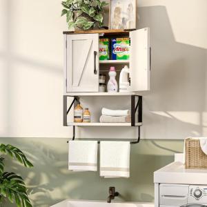 imageVINGLI Bathroom Cabinet Wall Mounted Espresso Wall Cabinet Floating Cabinet for Wall Storage Bathroom with Doors and Adjustable Shelf Medicine Cabinet OrganizerRustic White  Vintage Brown
