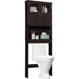 imageVINGLI Bathroom Over The Toilet Organizer Behind The Toilet Storage Organizer with Double Acrylic Glass Doors Adjustable Shelf Free Standing Wooden Space Saver Collect Home Furniture Decor