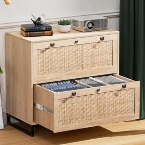 imageVINGLI Black Rattan 2 Drawer Lateral File Cabinet with Lock Wood Locking File Cabinets for Home Office File Cabinet Printer Stand for Hanging LetterLegal Size Labeled Folders Oak 30W x 16D x 28HOak