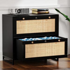 imageVINGLI Black Rattan 2 Drawer Lateral File Cabinet with Lock Wood Locking File Cabinets for Home Office File Cabinet Printer Stand for Hanging LetterLegal Size Labeled Folders Oak 30W x 16D x 28HBlack