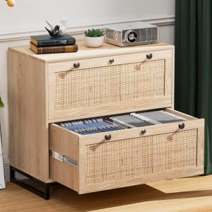 imageVINGLI Wood Rattan 2Drawer Lateral File Cabinet with Lock for Home Office Lockable Filing Cabinet with Rustic Metal Handles for Hanging LetterA4Legal Size Labeled Folders Oak 30W x 16D x 28H